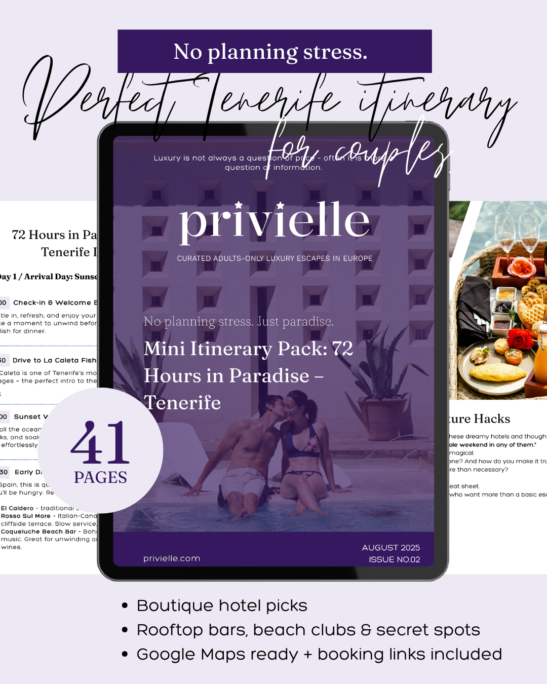 Tenerife Itinerary Pack: This curated 3-day itinerary is your shortcut to boutique bliss on Tenerife – no kids, no chaos, just sun-soaked serenity. Whether it’s your honeymoon, an anniversary, or a spontaneous long weekend, this done-for-you guide shows you where to stay, eat, swim, sip and soak – all with effortless style.